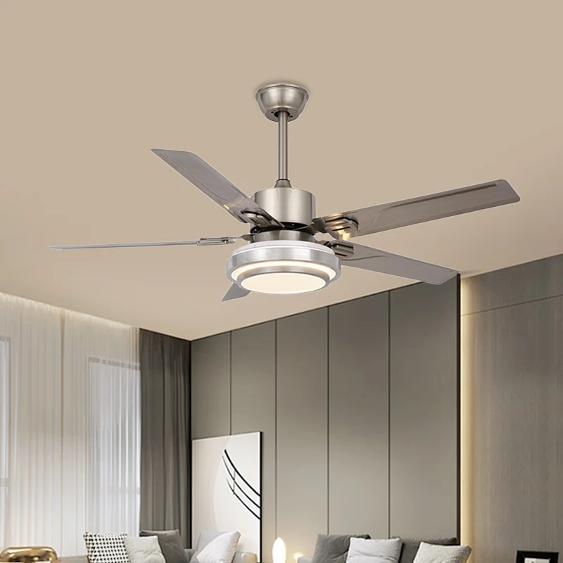 Metalen cirkel hangende ventilator licht modernisme slaapkamer 48" W LED semi-inbouwlamp nikkel met 5 zilveren bladen, fre...