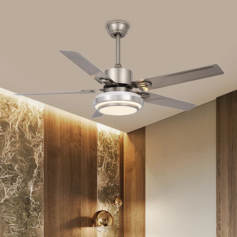 Metalen cirkel hangende ventilator licht modernisme slaapkamer 48" W LED semi-inbouwlamp nikkel met 5 zilveren bladen, fre...