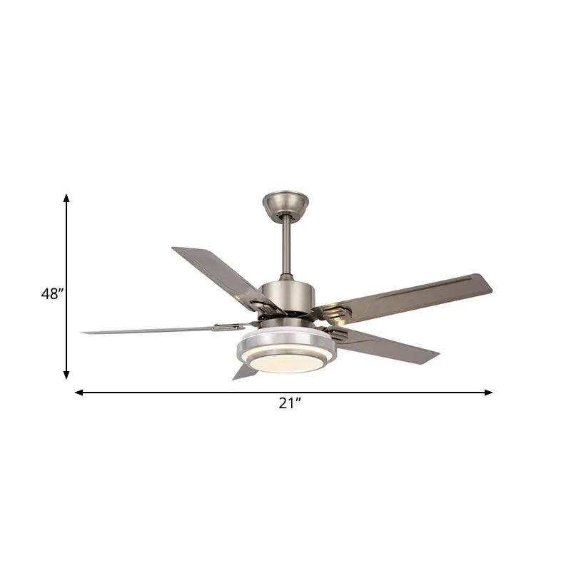 Metalen cirkel hangende ventilator licht modernisme slaapkamer 48" W LED semi-inbouwlamp nikkel met 5 zilveren bladen, fre...