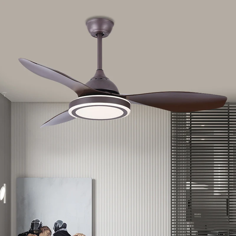 Metalen cirkel semi-inbouwlamp modernisme slaapkamer LED-hangventilator licht donkere koffie met 3 bruine bladen, 48" bree...