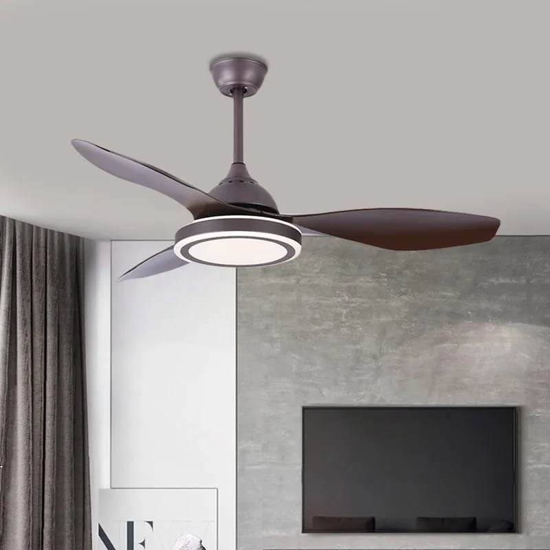 Metalen cirkel semi-inbouwlamp modernisme slaapkamer LED-hangventilator licht donkere koffie met 3 bruine bladen, 48" bree...