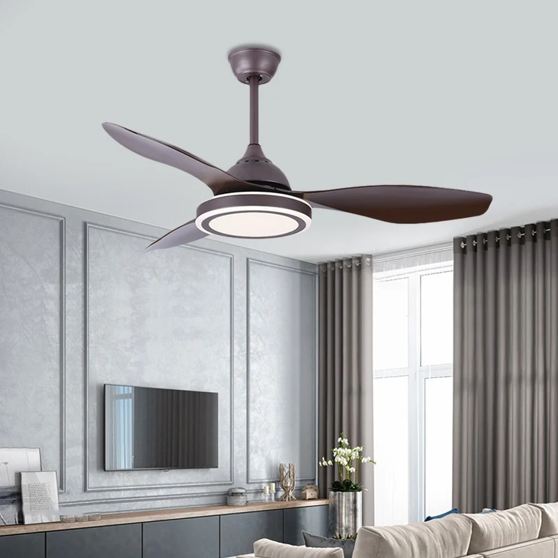 Metalen cirkel semi-inbouwlamp modernisme slaapkamer LED-hangventilator licht donkere koffie met 3 bruine bladen, 48" bree...