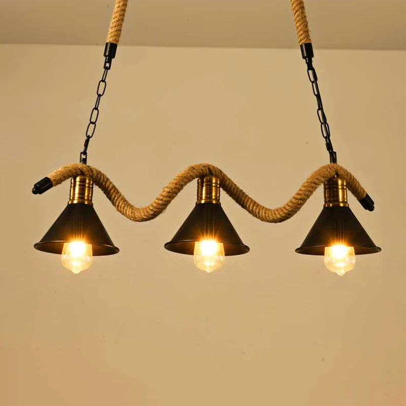 Metalen conische eilandplafondlamp industriële stijl barhanglamp met golvend henneptouw zwart Clearhalo