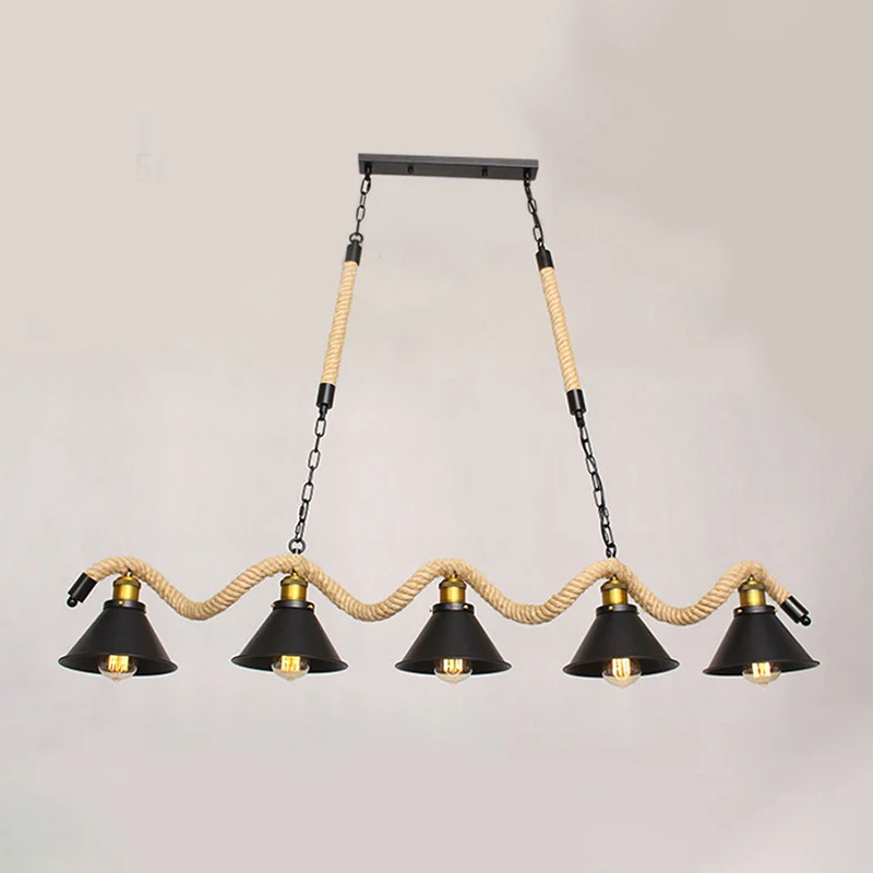 Metalen conische eilandplafondlamp industriële stijl barhanglamp met golvend henneptouw zwart Clearhalo