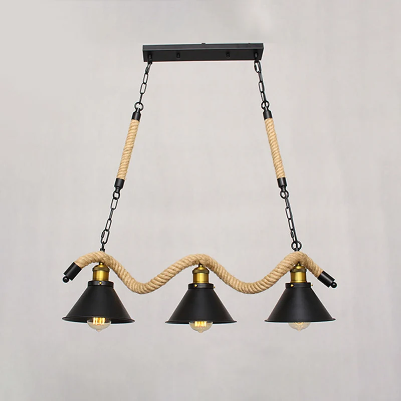 Metalen conische eilandplafondlamp industriële stijl barhanglamp met golvend henneptouw zwart Clearhalo
