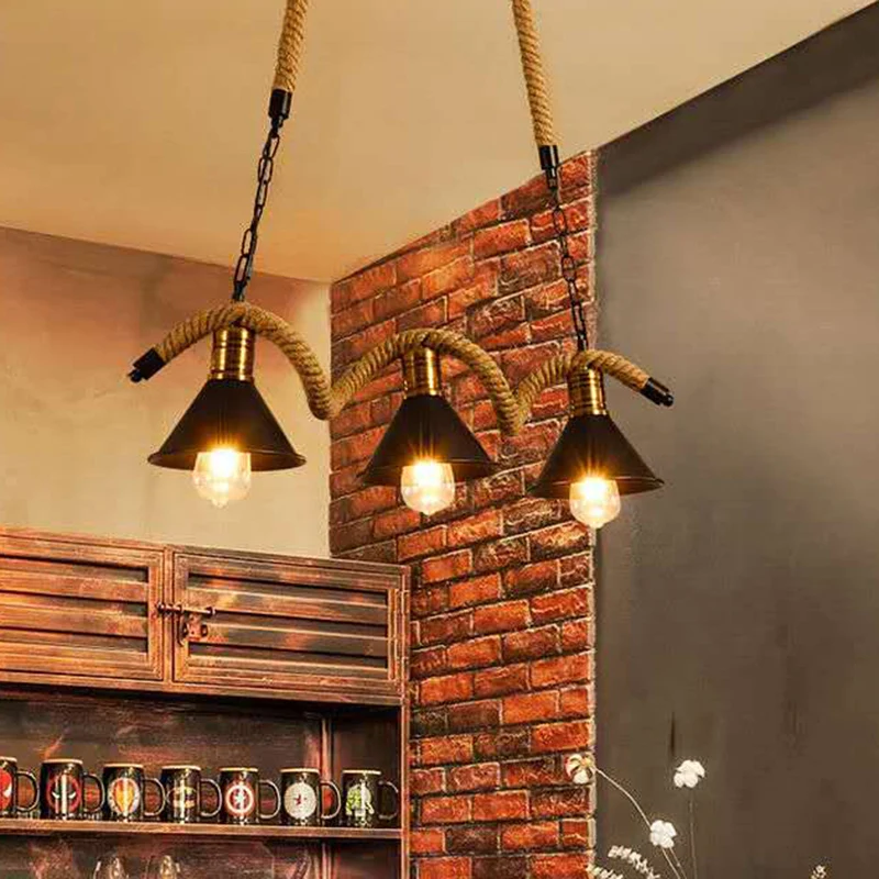 Metalen conische eilandplafondlamp industriële stijl barhanglamp met golvend henneptouw zwart Clearhalo