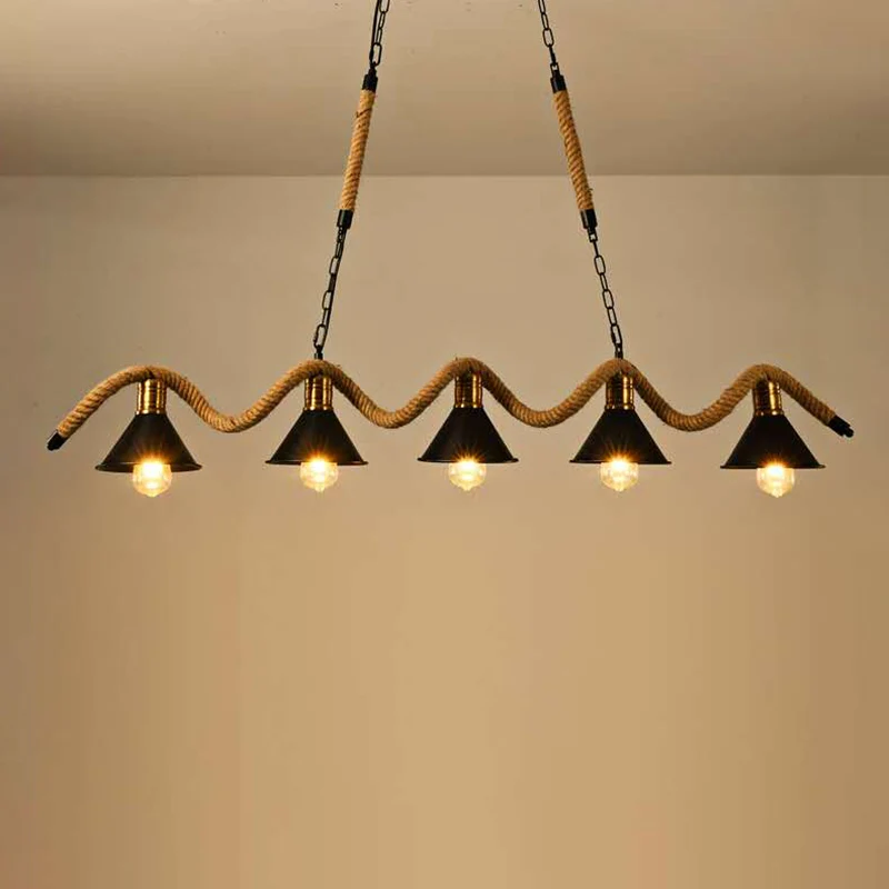 Metalen conische eilandplafondlamp industriële stijl barhanglamp met golvend henneptouw zwart Clearhalo
