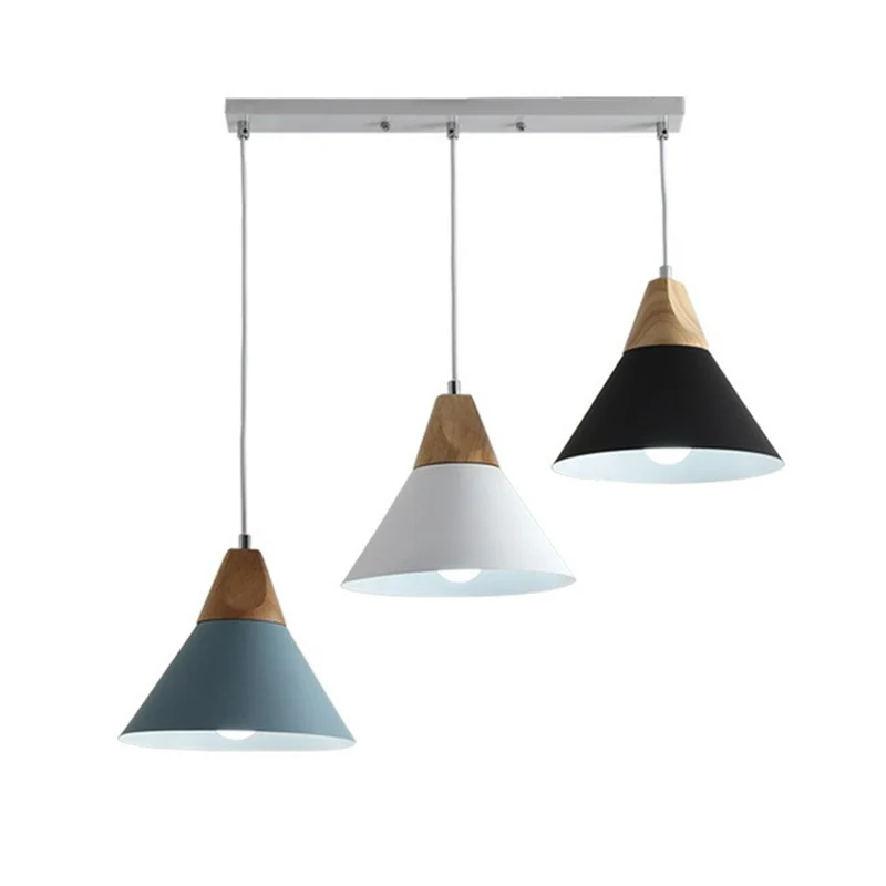 Metalen conische kap hanglamp Scandinavische stijl 3 lampen Houten multilichthanger Clearhalo
