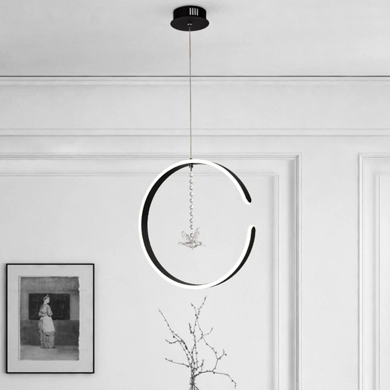 Metalen C-vormige ophangverlichting Minimalisme Zwart/wit LED-hanglampenset met bungelende kristallen vogel warm/wit licht...