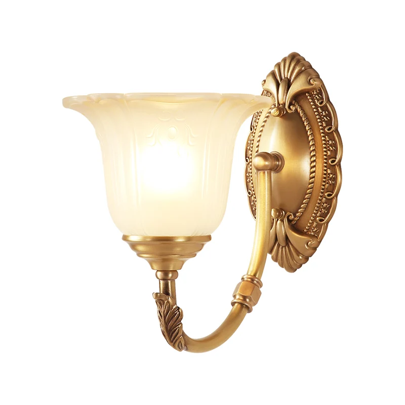 Metalen gebogen schanslamp Klassieke stijl 1/2-lamp slaapkamerwandlamp met opaalglazen bloemblaadjeskap Clearhalo