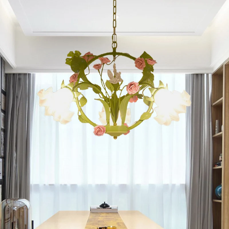 Metalen groene kroonluchter verlichting ronde 3/6 koppen landelijke stijl roos hangende lamp voor eetkamer Clearhalo
