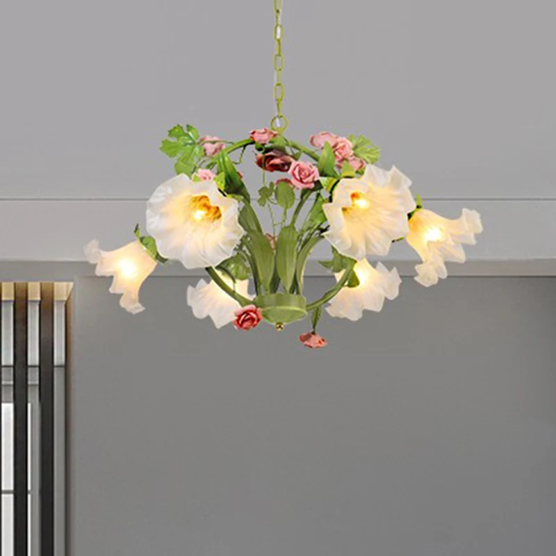 Metalen groene kroonluchter verlichting ronde 3/6 koppen landelijke stijl roos hangende lamp voor eetkamer Clearhalo