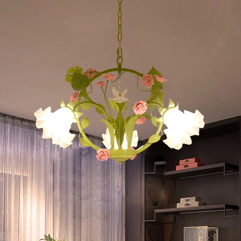 Metalen groene kroonluchter verlichting ronde 3/6 koppen landelijke stijl roos hangende lamp voor eetkamer Clearhalo