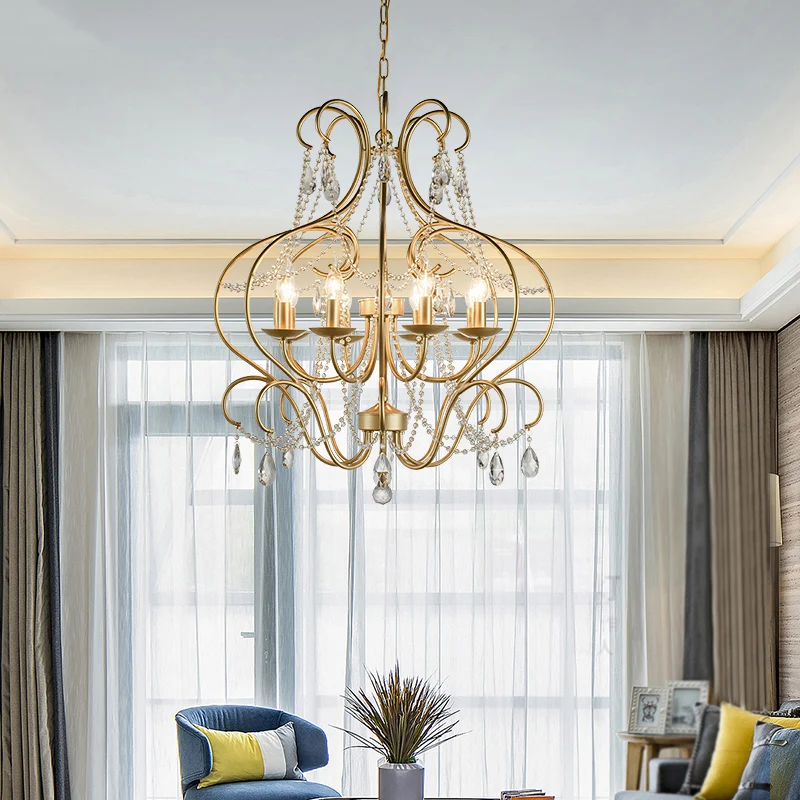 Metalen hanglamp met gebogen frame Klassiek 8-lichts woonkamer kristallen kroonluchter licht messing Clearhalo