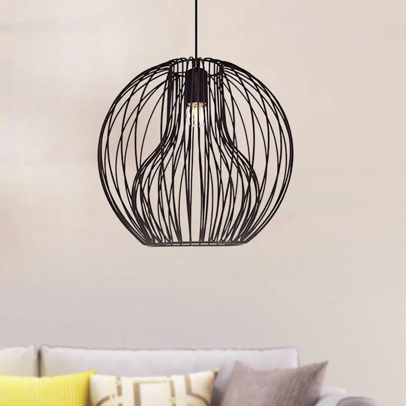 Metalen hanglamp met 1 kop, retrostijl zwart/wit, Global Eetkamerhanglamp met kooikap Clearhalo