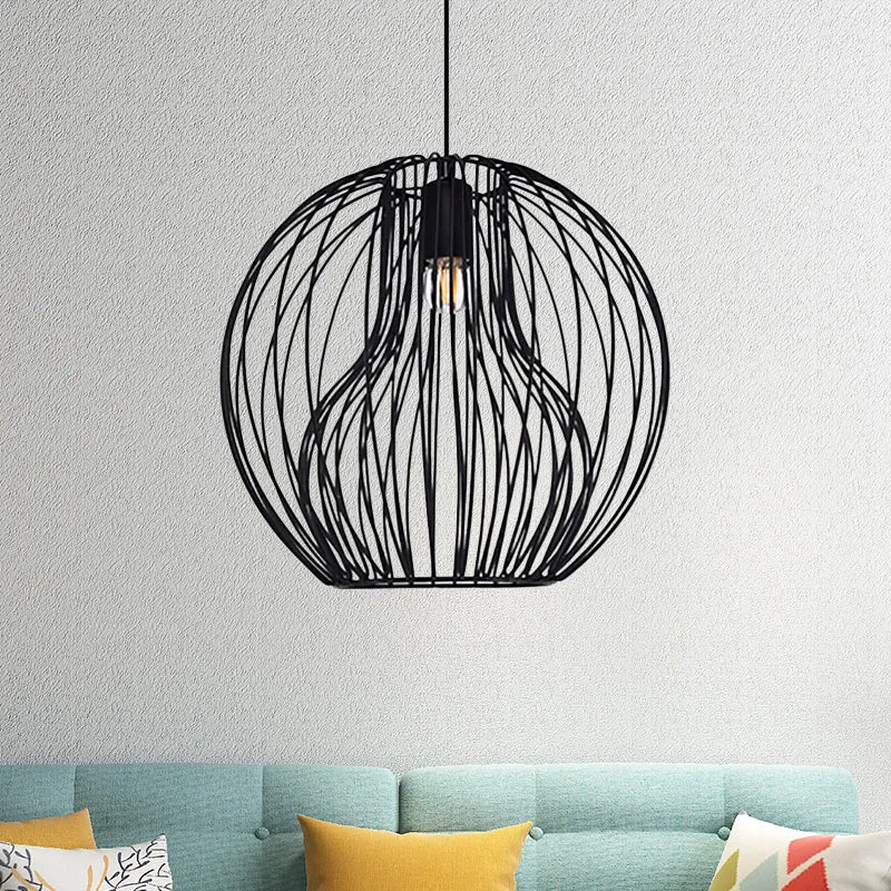 Metalen hanglamp met 1 kop, retrostijl zwart/wit, Global Eetkamerhanglamp met kooikap Clearhalo
