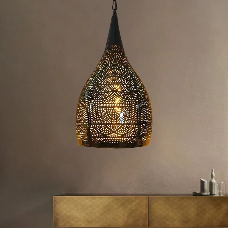 Metalen hanglamp de vorm van een urn, Arabische 1-kops 9"/12" brede hanglamp voor de woonkamer zwart Clearhalo