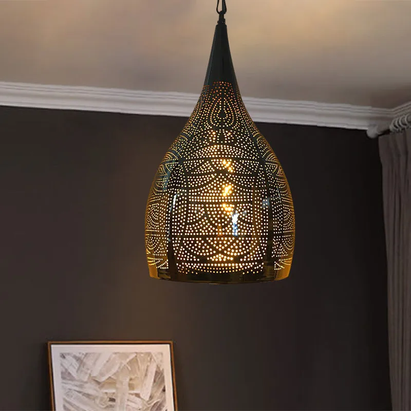 Metalen hanglamp de vorm van een urn, Arabische 1-kops 9"/12" brede hanglamp voor de woonkamer zwart Clearhalo