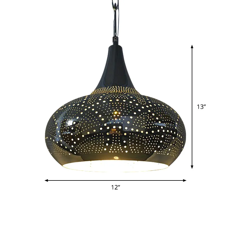 Metalen hanglamp de vorm van een urn, Arabische 1-kops 9"/12" brede hanglamp voor de woonkamer zwart Clearhalo
