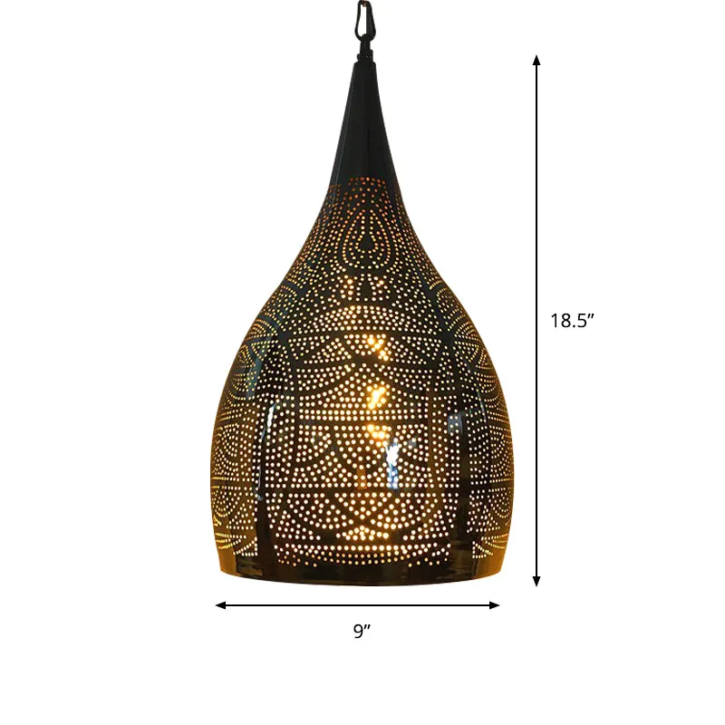Metalen hanglamp de vorm van een urn, Arabische 1-kops 9"/12" brede hanglamp voor de woonkamer zwart Clearhalo