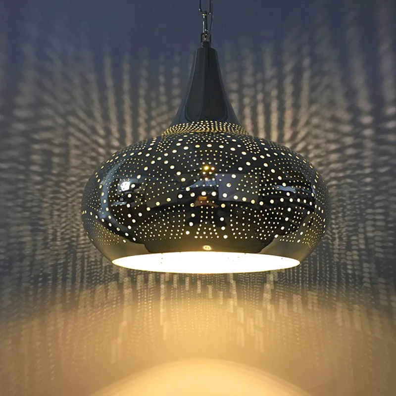 Metalen hanglamp de vorm van een urn, Arabische 1-kops 9"/12" brede hanglamp voor de woonkamer zwart Clearhalo