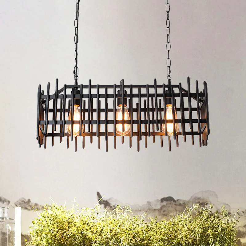 Metalen hekvormige eilandlamp met draadkooi Antieke stijl 3-lichts boerderij-eilandlamp zwart/roest Clearhalo