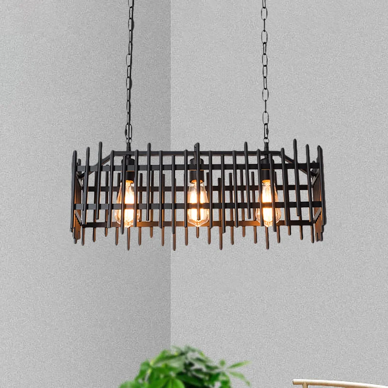 Metalen hekvormige eilandlamp met draadkooi Antieke stijl 3-lichts boerderij-eilandlamp zwart/roest Clearhalo