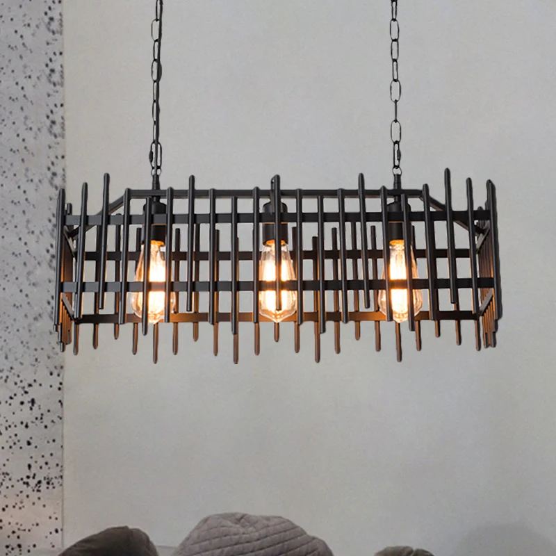 Metalen hekvormige eilandlamp met draadkooi Antieke stijl 3-lichts boerderij-eilandlamp zwart/roest Clearhalo