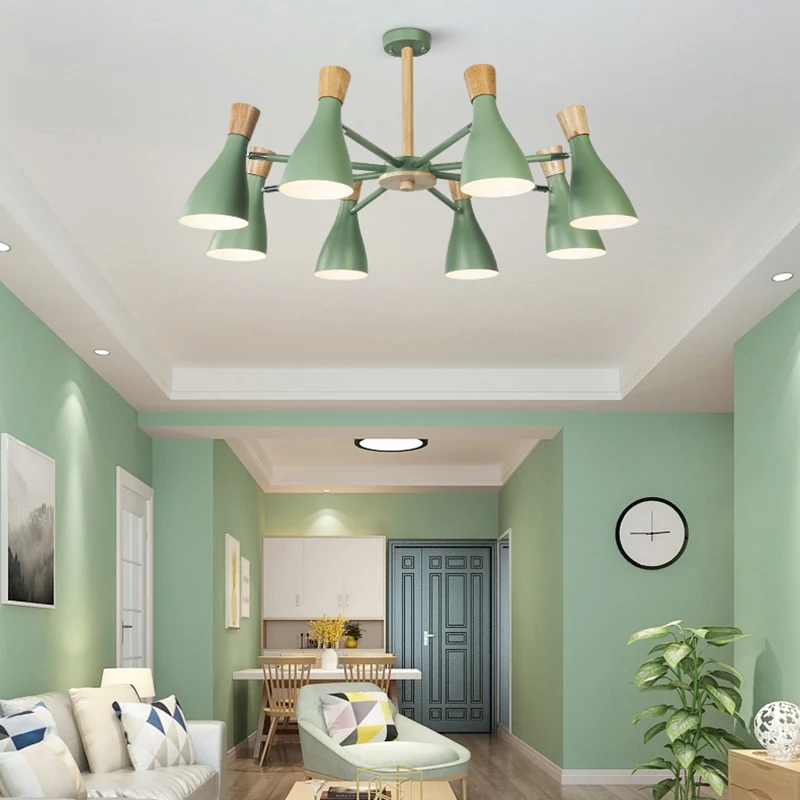 Metalen houten hoornvorm hangende plafondlamp 8 lampen hangende kroonluchter groen voor woonkamer Clearhalo
