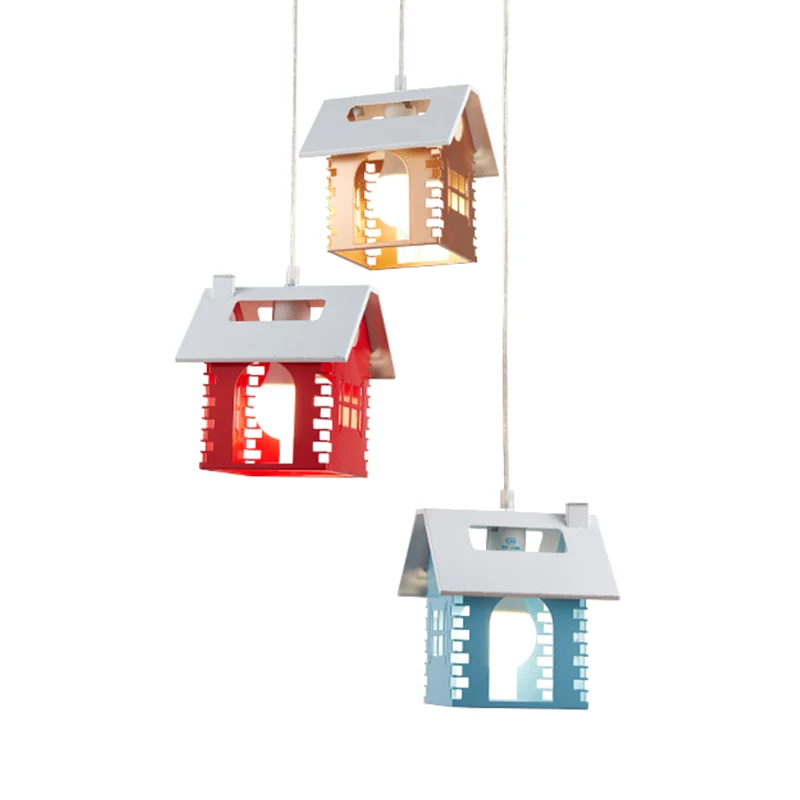 Metalen huisvorm multi-licht hanglamp Macaron 3-kops rood-geel-blauwe hanglamp Clearhalo