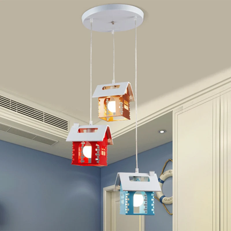 Metalen huisvorm multi-licht hanglamp Macaron 3-kops rood-geel-blauwe hanglamp Clearhalo