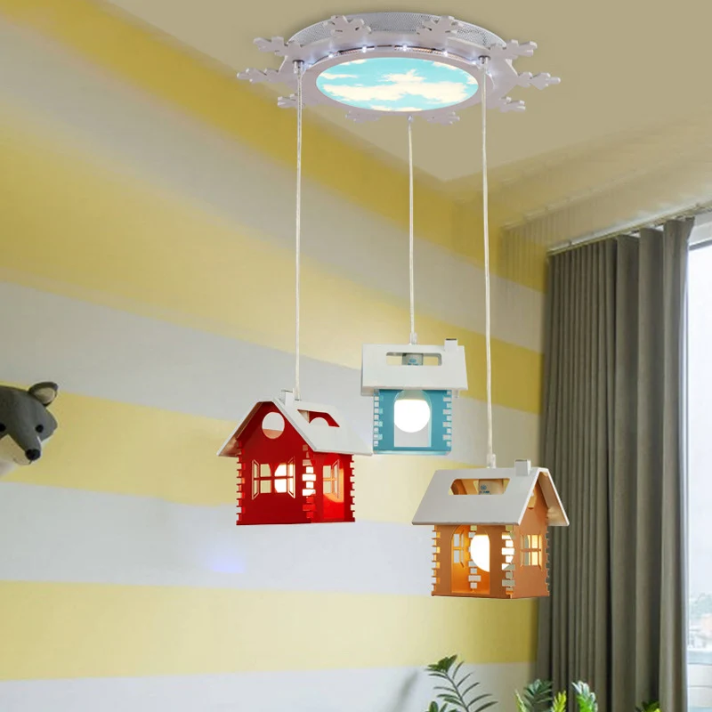 Metalen huisvorm multi-licht hanglamp Macaron 3-kops rood-geel-blauwe hanglamp Clearhalo