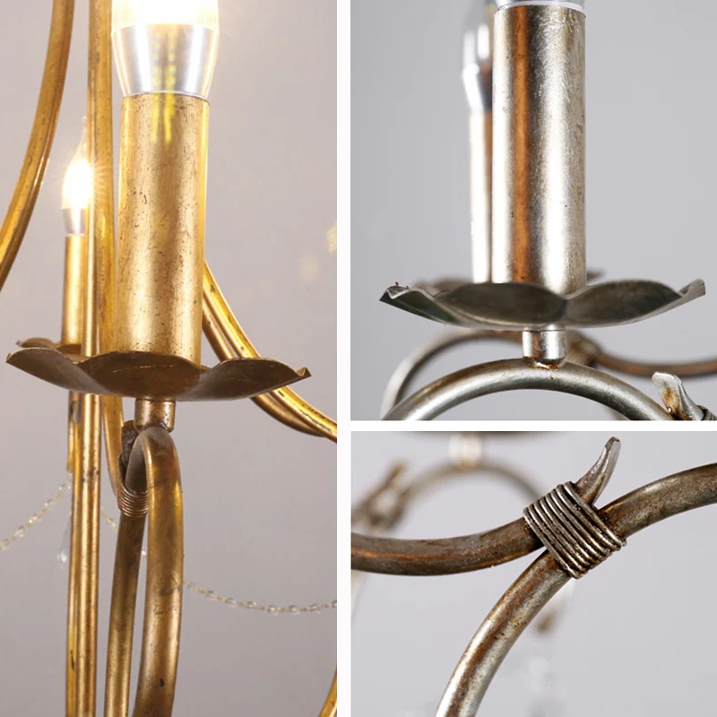 Metalen kaars kroonluchterlamp retro 6 lampen zilver/gouden hanger verlichtingsarmatuur met kristallen traan voor eetkamer...