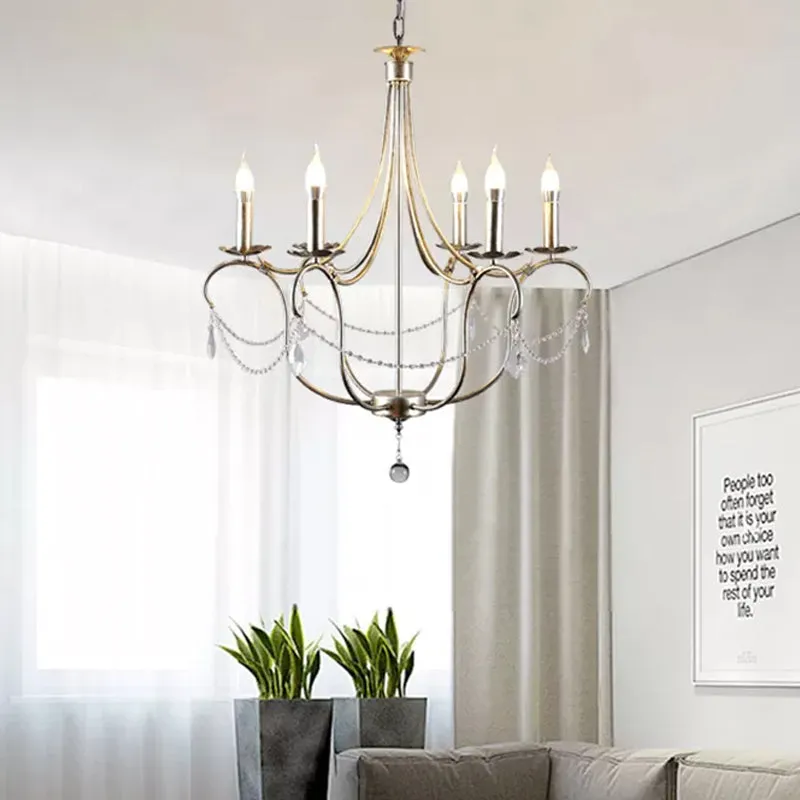 Metalen kaars kroonluchterlamp retro 6 lampen zilver/gouden hanger verlichtingsarmatuur met kristallen traan voor eetkamer...