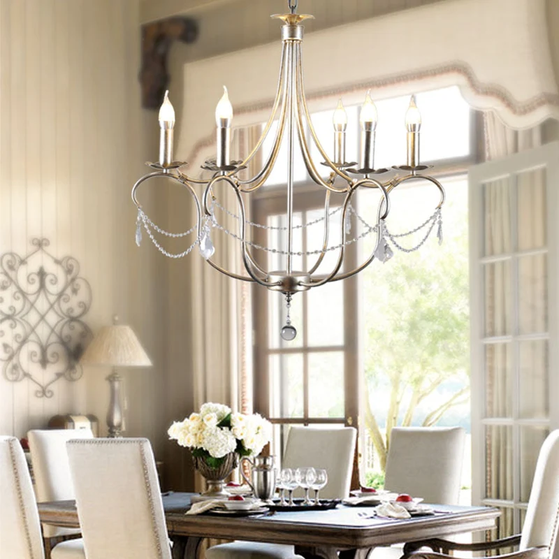 Metalen kaars kroonluchterlamp retro 6 lampen zilver/gouden hanger verlichtingsarmatuur met kristallen traan voor eetkamer...