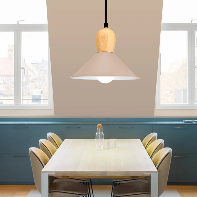 Metalen kegelvormige hanglamp met houten lampvoet, 1 kops hanglamp Scandinavische stijl voor op kantoor Clearhalo