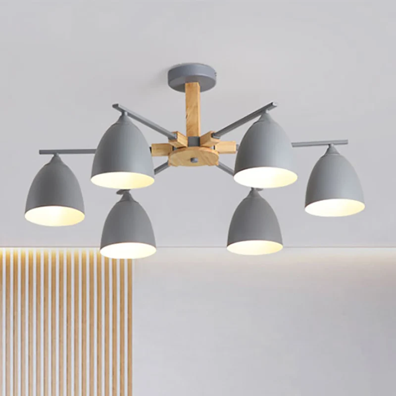 Metalen koepelschaduw hangende kroonluchter 3/6 lampen moderne houten arm plafond hanglamp groen/grijs/wit Clearhalo