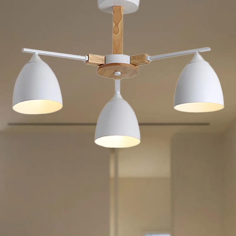 Metalen koepelschaduw hangende kroonluchter 3/6 lampen moderne houten arm plafond hanglamp groen/grijs/wit Clearhalo