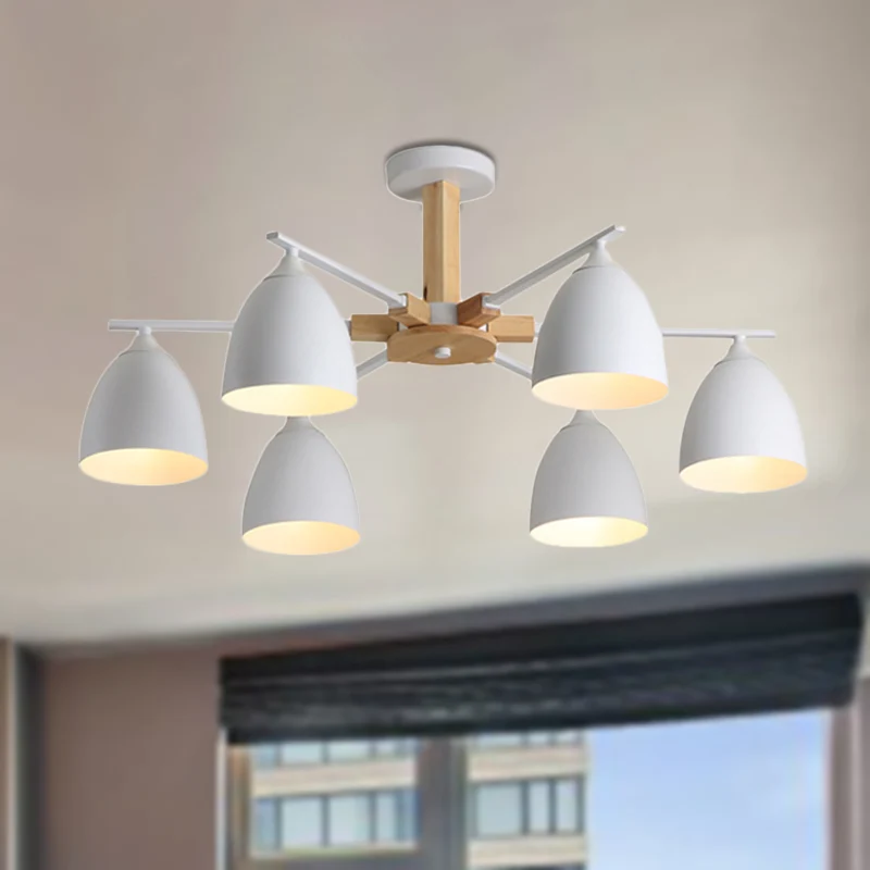 Metalen koepelschaduw hangende kroonluchter 3/6 lampen moderne houten arm plafond hanglamp groen/grijs/wit Clearhalo