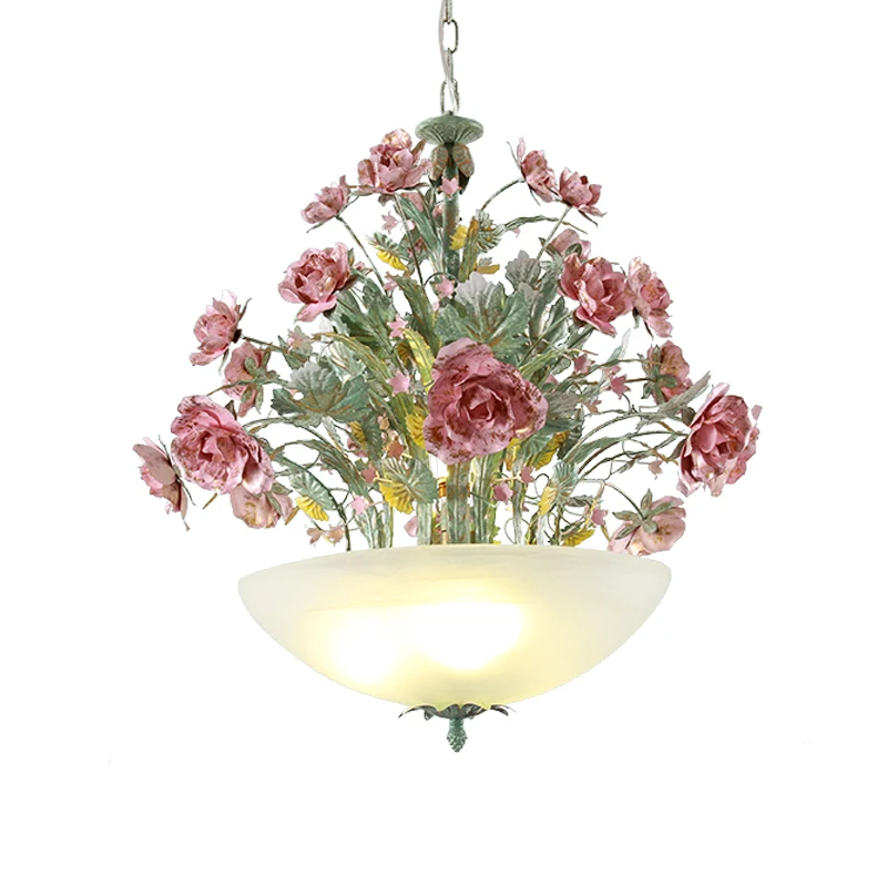Metalen kom kroonluchter licht romantisch pastoraal 5/7 lampen eetkamer druppellamp groen met roos Clearhalo