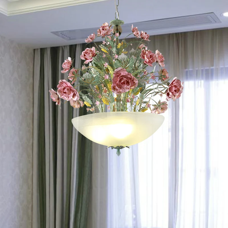 Metalen kom kroonluchter licht romantisch pastoraal 5/7 lampen eetkamer druppellamp groen met roos Clearhalo
