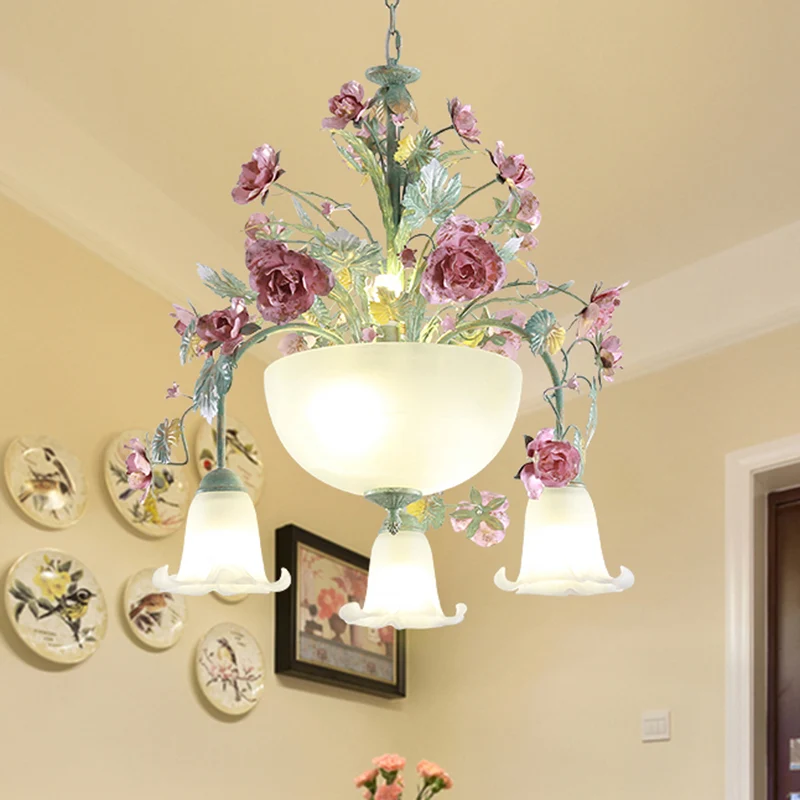 Metalen kom kroonluchter licht romantisch pastoraal 5/7 lampen eetkamer druppellamp groen met roos Clearhalo