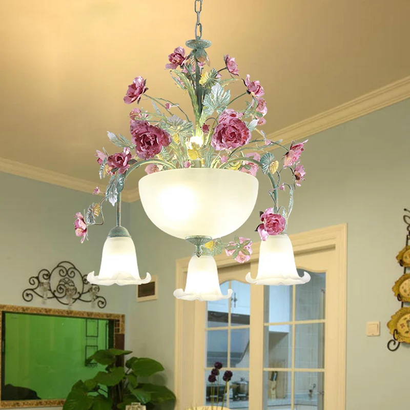 Metalen kom kroonluchter licht romantisch pastoraal 5/7 lampen eetkamer druppellamp groen met roos Clearhalo