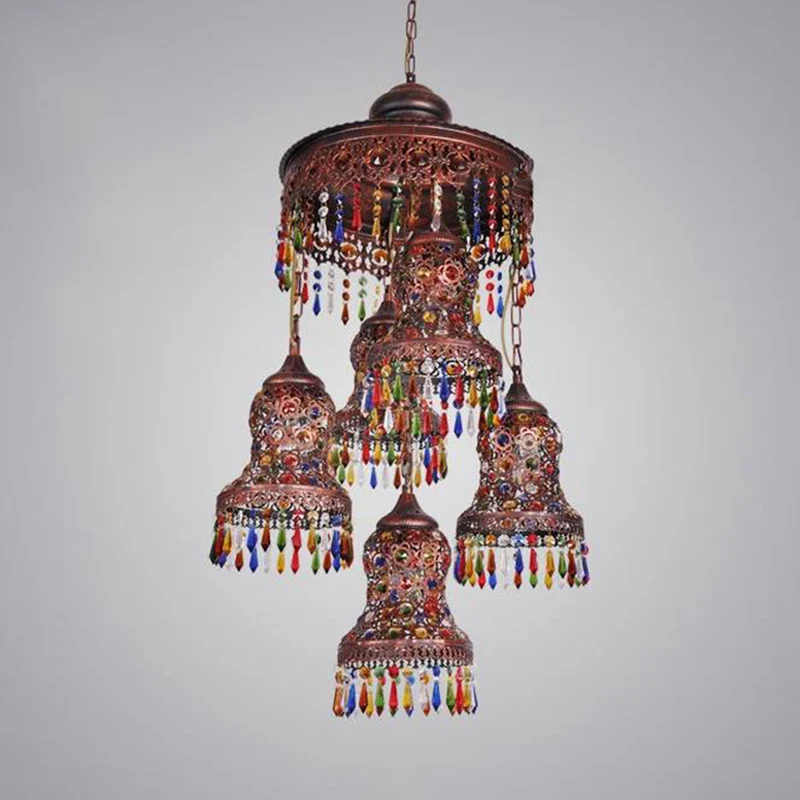 Metalen koperen plafondkroonluchter gebogen 5 lampen Art Deco downlight-hanger voor slaapkamer Clearhalo