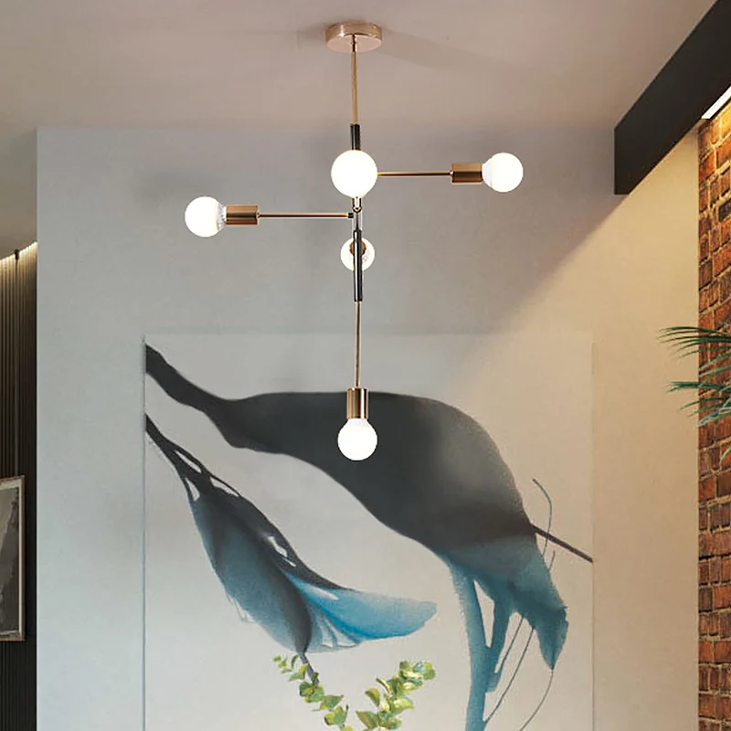 Metalen lineaire kroonluchterverlichting Minimalistisch 5-lichts Messing hanglamp voor woonkamer Clearhalo