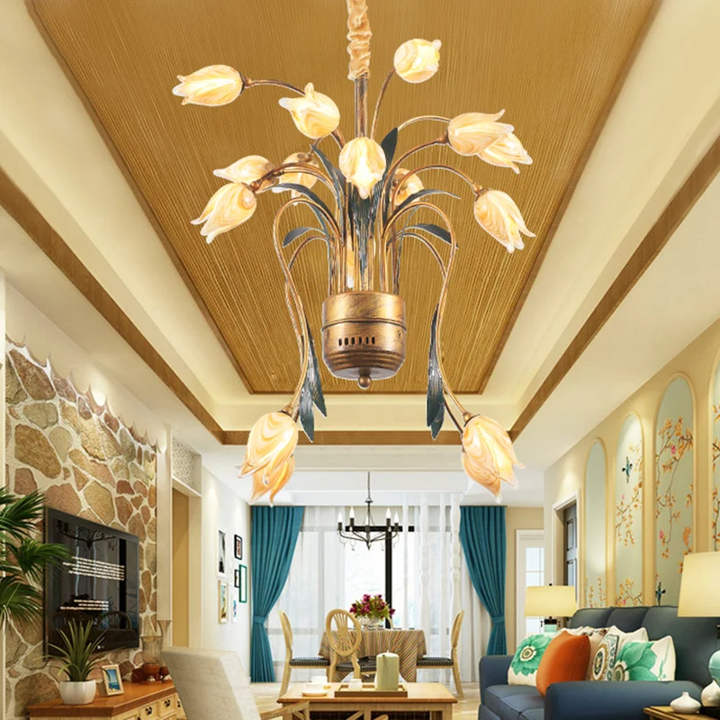 Metalen messing hangende kroonluchter Tulp 16/25 lichten Pastorale stijl LED-downverlichting hanger voor slaapkamer Clearhalo