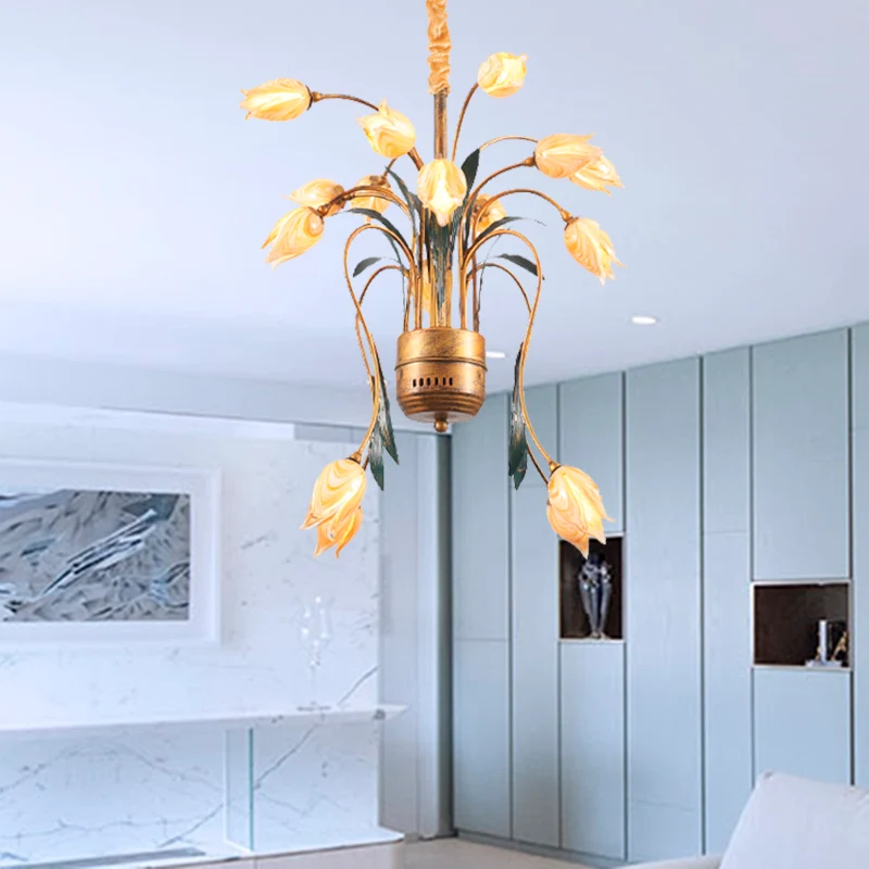 Metalen messing hangende kroonluchter Tulp 16/25 lichten Pastorale stijl LED-downverlichting hanger voor slaapkamer Clearhalo