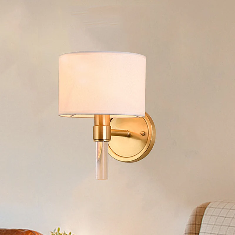 Metalen messing wandlamp Drum 1-lichts vintage wandlamp met witte stoffen kap voor studeerkamer Clearhalo