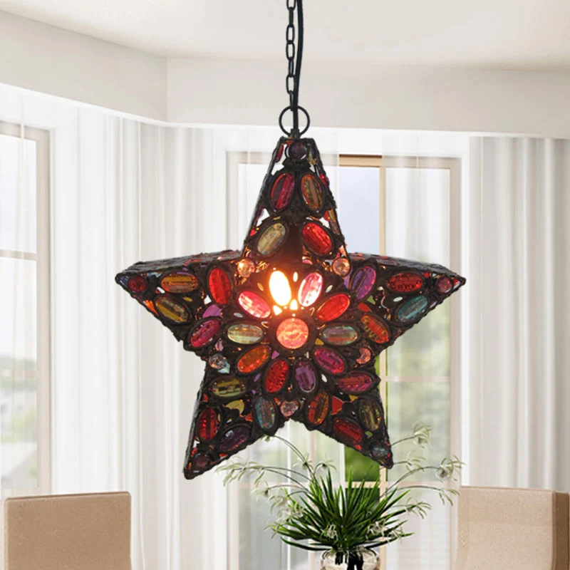 Metalen pentagram hangende plafondlamp Boheemse 1-kops woonkamerdruppellamp rood Clearhalo