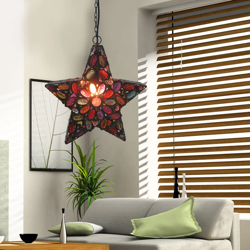 Metalen pentagram hangende plafondlamp Boheemse 1-kops woonkamerdruppellamp rood Clearhalo